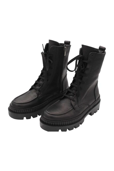 Hakiki Deri Siyah Kadın Bot Postal Kürklü Astar - 5