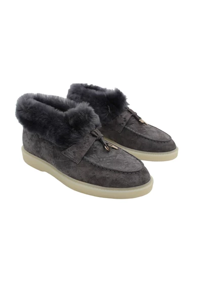 Gerçek Deri Gri Süet Ve Gri Kürk Gri Süet Günlük Rahat Kadın Bot - 5