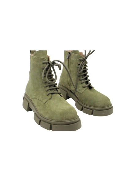 Gerçek Deri Yeşil Süet Bağcıklı Ve Fermuarlı Kadın Bot - 3