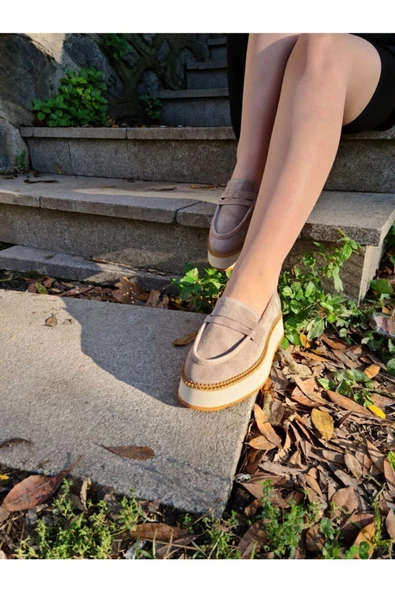 Hakiki Deri Bej Günlük Kadın Ayakkabı Loafer Eva Taban Makosen Babet Loafer1 - 3