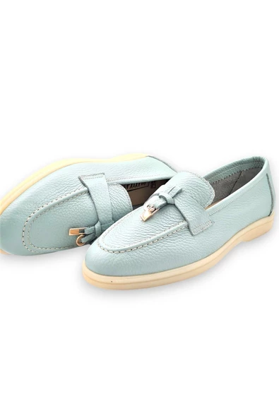 Hakiki Deri Mavi Kadın Günlük Ayakkabı Loafer Makosen - 3