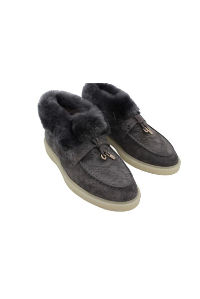 Gerçek Deri Gri Süet Ve Gri Kürk Gri Süet Günlük Rahat Kadın Bot - 4