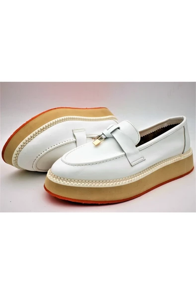 Gerçek Deri Beyaz Çok Hafif Kadın Ayakkabı Loafer - Resim 4