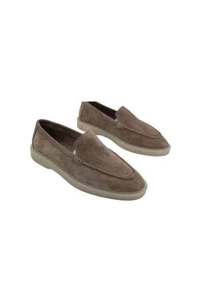 Gerçek Deri Bej Süet Kışlık Günlük Kadın Ayakkabı Loafer - Resim 3