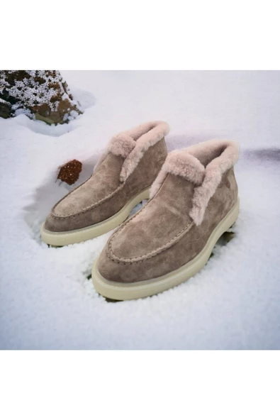 Hakiki Deri İçi Hakiki Kürk Bej Kadın Günlük Bot - 3