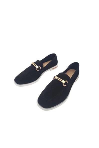 Hakiki Deri Toka Detaylı Siyah Süet Kadın Günlük Ayakkabı Modeli - 7