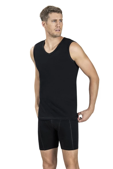 Jiber Erkek V Yaka Sıfır Kol Pamuklu Fanila Atlet 115 - 3 Adet  Siyah 2XL
