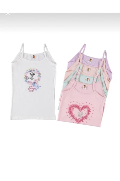 İlke Kız Çocuk Likralı Baskılı İp Askılı Atlet 348 - 6 Adet  Karışık Renk 4 No:6-7 Yaş - Resim 2
