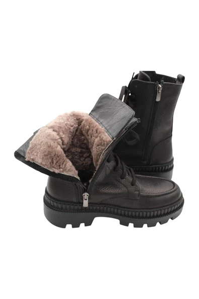 Hakiki Deri Siyah Kadın Bot Postal Kürklü Astar