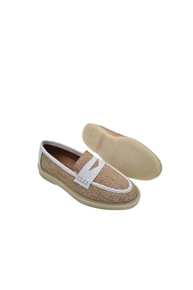 Hakiki Deri Keten Detaylı Kadın Beyaz Günlük Ayakkabı - 5