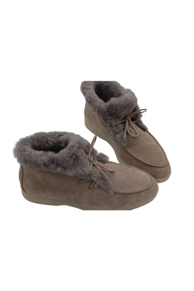 Hakiki Deri Bej Süet Kürklü Bağcıklı Kadın Bot - Resim 6