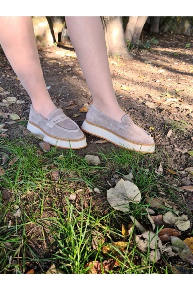 Hakiki Deri Bej Günlük Kadın Ayakkabı Loafer Eva Taban Makosen Babet Loafer1 - 6