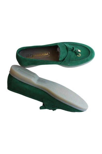 Hakiki Deri Yeşil Süet Günlük Kadın Ayakkabı - Resim 2