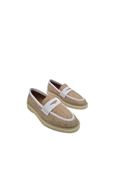 Hakiki Deri Keten Detaylı Kadın Beyaz Günlük Ayakkabı - 8