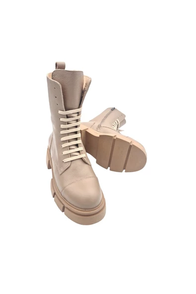 Hakiki Deri Taba Bağcıklı Ve Fermuarlı Kadın Bot - Resim 2