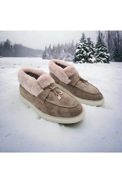 Hakiki Deri Içi Hakiki Kürk Bej Kadın Günlük Bot