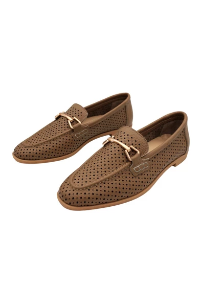 Gerçek Deri Taba Lazerli Yazlık Kadın Ayakkabı - 7