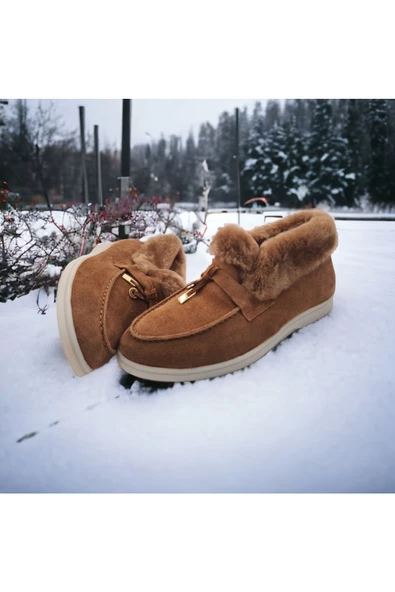 Hakiki Deri Ve Kürk Taba Süet Günlük Rahat Kadın Ayakkabı - 2