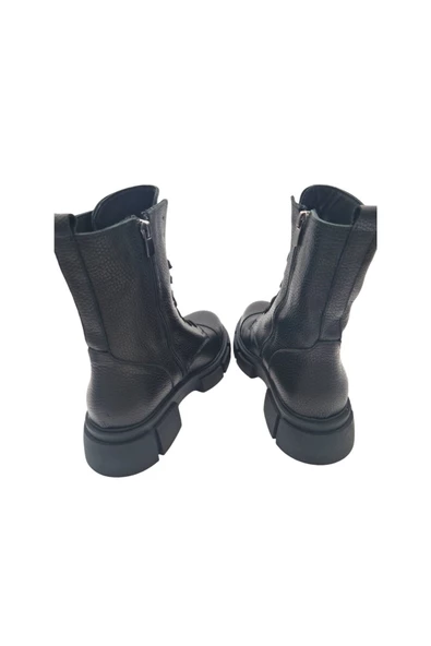 Hakiki Deri Siyah Bağcıklı Ve Fermuarlı Kadın Bot - Resim 5