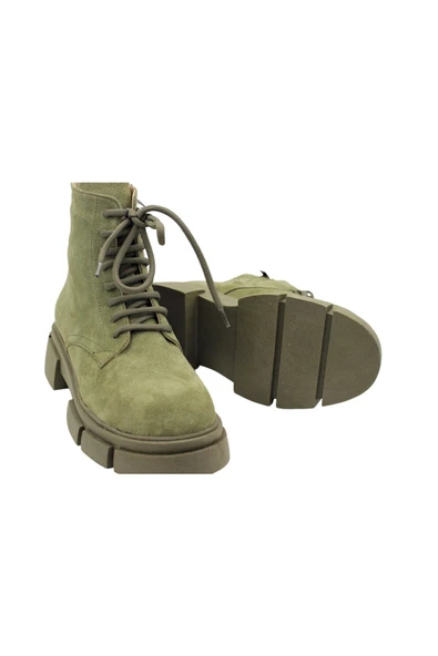Gerçek Deri Yeşil Süet Bağcıklı Ve Fermuarlı Kadın Bot - 2