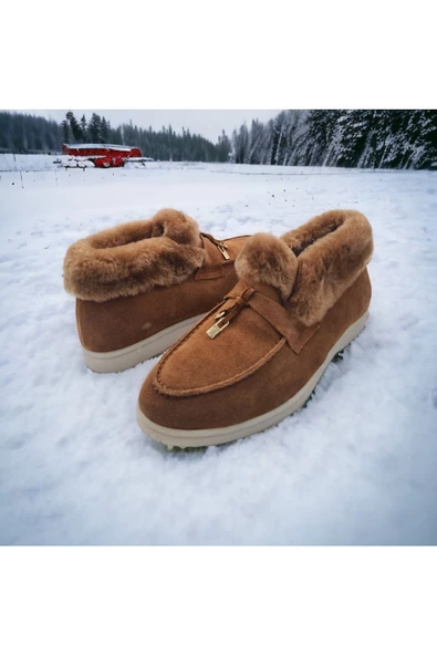 Hakiki Deri Ve Kürk Taba Süet Günlük Rahat Kadın Ayakkabı - 3