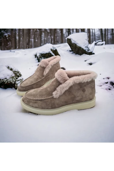 Hakiki Deri İçi Hakiki Kürk Bej Kadın Günlük Bot - 2