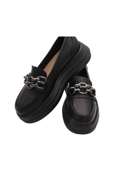 Hakiki Deri Siyah Kadın Ayakkabı Eva Taban Loafer - Resim 5