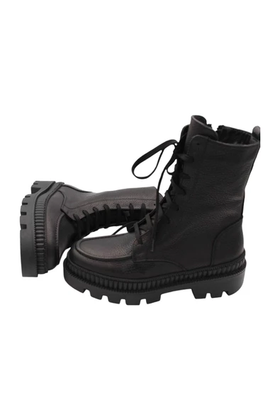 Hakiki Deri Siyah Kadın Bot Postal Kürklü Astar - 7