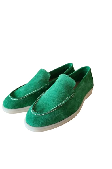 Hakiki Deri Yeşil Günlük Kadın Ayakkabı Loafer Makosen - Resim 3