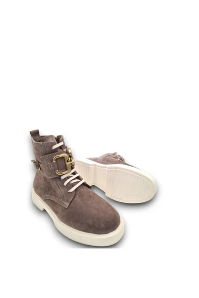 Bağcıklı Ve Fermuarlı Toka Detaylı Gerçek Deri Kahverengi Kadın Günlük Bot - 8