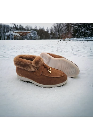 Hakiki Deri Ve Kürk Taba Süet Günlük Rahat Kadın Ayakkabı - 6