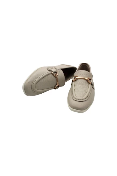 Hakiki Deri Beyaz Gold Tokalı Günlük Kadın Babet Ayakkabı Makosen Deri Rahat Babet Aykkbm225566 - 8