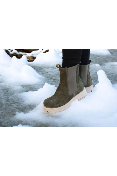 Gerçek Deri Haki Süet Günlük Kadın Chelsea Bot - Resim 3