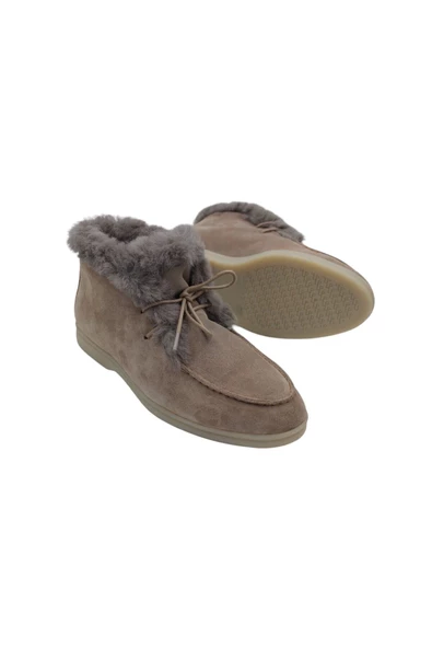 Hakiki Deri Bej Süet Kürklü Bağcıklı Kadın Bot - Resim 2