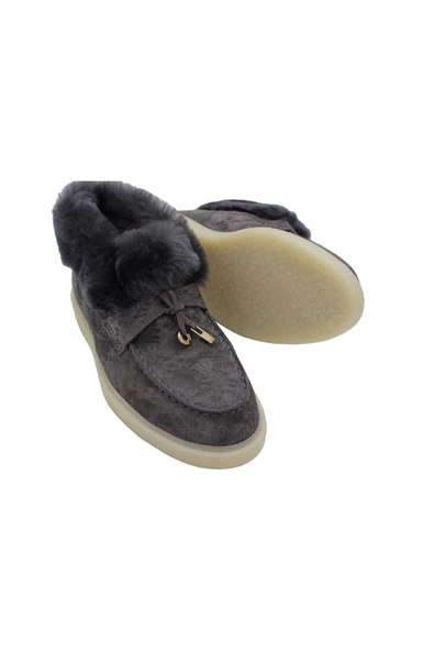 Gerçek Deri Gri Süet Ve Gri Kürk Gri Süet Günlük Rahat Kadın Bot - 3