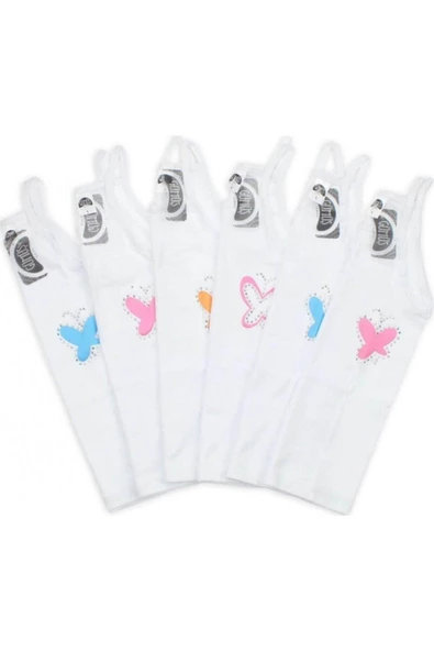 Gümüş Kız Çocuk İp Askı Taşlı Atlet 3055 - 6 Adet Beyaz 3 (5-6 YAŞ)