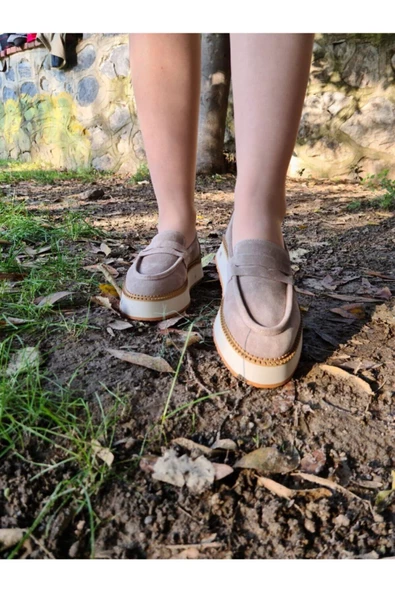 Hakiki Deri Bej Günlük Kadın Ayakkabı Loafer Eva Taban Makosen Babet Loafer1 - 7