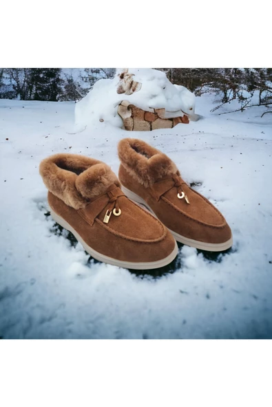 Hakiki Deri Ve Kürk Taba Süet Günlük Rahat Kadın Ayakkabı - 5