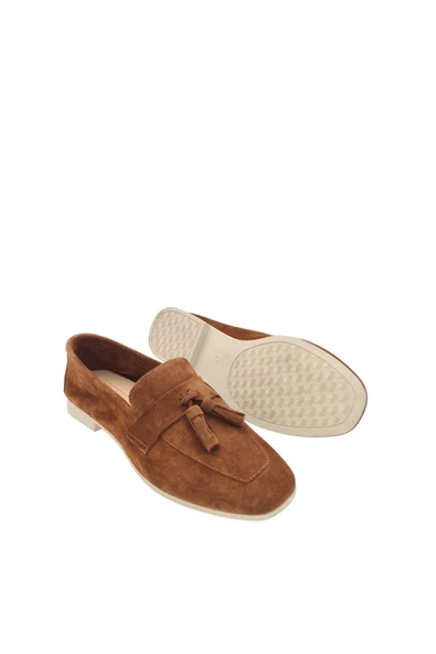 Hakiki Deri Taba Süet Püsküllü Kadın Günlük Ayakkabı Babet - 2