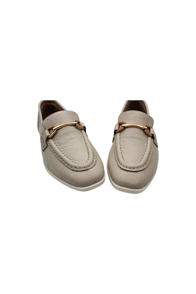 Hakiki Deri Beyaz Gold Tokalı Günlük Kadın Babet Ayakkabı Makosen Deri Rahat Babet Aykkbm225566 - 3