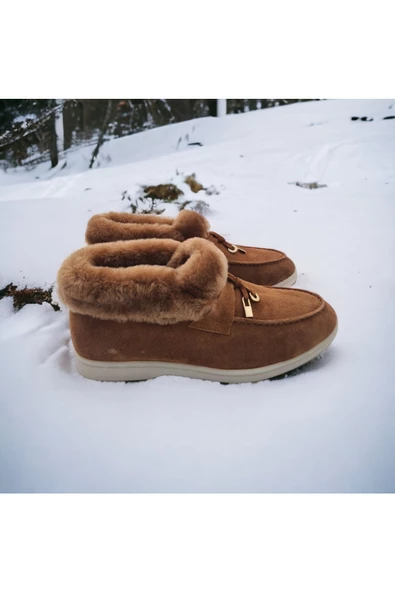 Hakiki Deri Ve Kürk Taba Süet Günlük Rahat Kadın Ayakkabı - 4