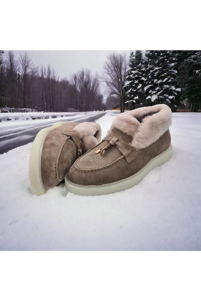 Hakiki Deri Içi Hakiki Kürk Bej Kadın Günlük Bot - 5