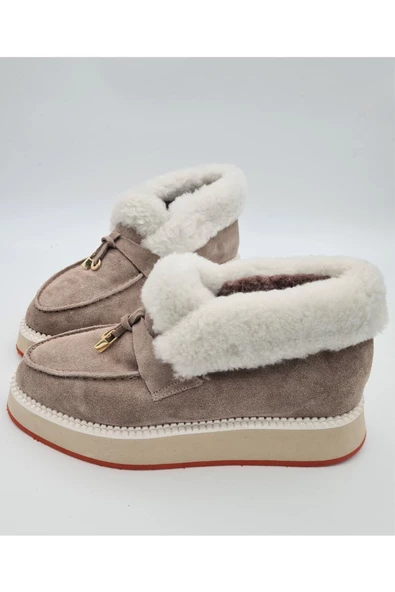 Hakiki Deri Bej Tokalı Kürk Astar Soğuk Geçirmez Hafif Kaymaz Eva Taban Günlük Kısa Kadın Bot - Resim 5