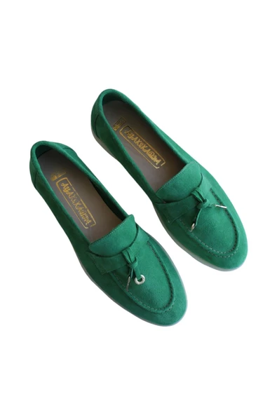 Hakiki Deri Yeşil Süet Günlük Kadın Ayakkabı - Resim 4