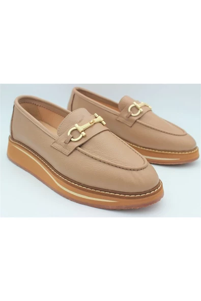 Hakiki Deri Kadın Ayakkabı Bej Loafer Makosen Günlük Tokalı Deri Aykkbim2517 - 2