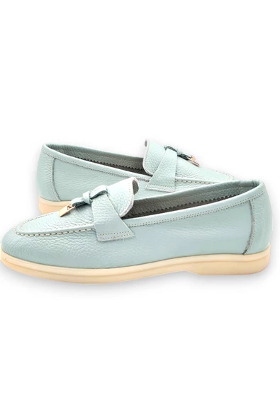 Hakiki Deri Mavi Kadın Günlük Ayakkabı Loafer Makosen - 8