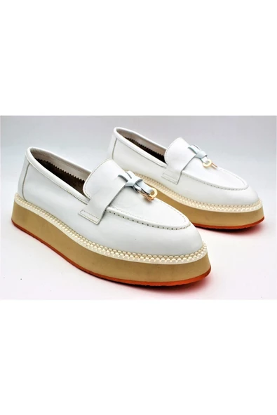 Gerçek Deri Beyaz Çok Hafif Kadın Ayakkabı Loafer - Resim 2