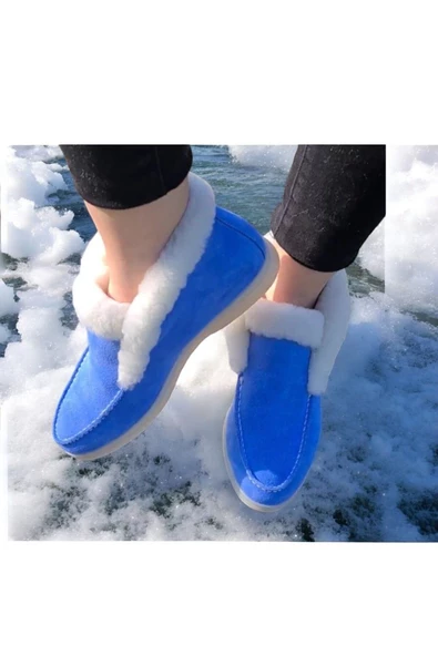 Gerçek Deri Mavi Süet Ve Beyaz Kürk Günlük Kadın Bot - Resim 6
