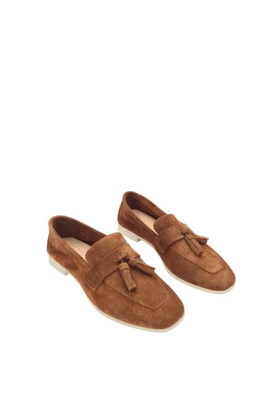 Hakiki Deri Taba Süet Püsküllü Kadın Günlük Ayakkabı Babet - 3