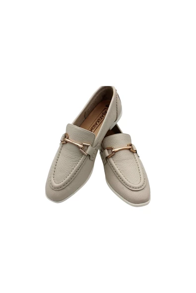 Hakiki Deri Beyaz Gold Tokalı Günlük Kadın Babet Ayakkabı Makosen Deri Rahat Babet Aykkbm225566